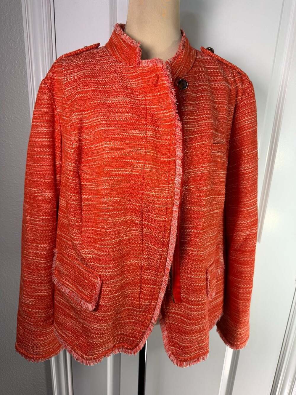 Chico's Orange Tweed Fringe Asymmetrical Zip Moto Jacket Size 3 XL